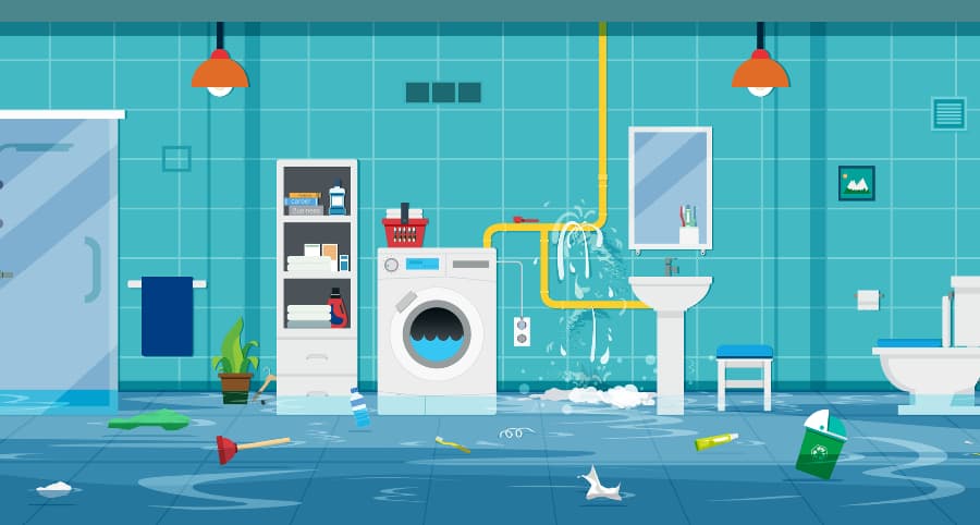 Illustration of flooding bathroom as a result of a burst pipe